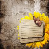 textured old paper background with cards, butterfly, sunflower