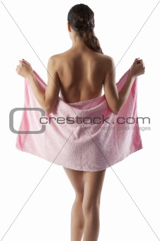 beautiful nude woman with pink towel
