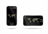 two mobile phones with world map