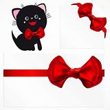 Pussycat and red gift bows. Vector image.
