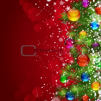 Christmas background with snow-covered Christmas tree decorated 