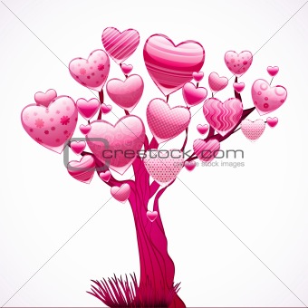 Beautiful tree with a crown of shiny hearts. Vector illustration