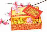 Chinese new year gift box, red packets and ornaments