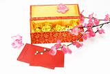 Chinese new year gift box, red packets and ornaments 