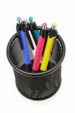 Colorful ball point pens in black container
