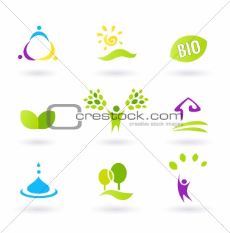 Ecology & people nature friendly BIO icons set - green, yellow, 
