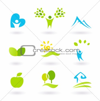 Nature, landscape, people and  organic Icons and Symbols - green