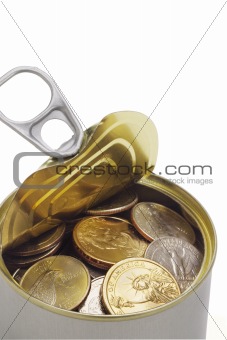 US coins in open tin can 