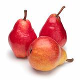 Three red ripe pears on white background.