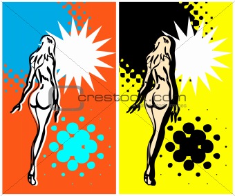 Art pop nude woman banner, grunge card, retro ad blank