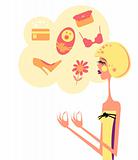 Cute woman thinking about showing something. Vector Illustration