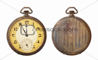 Old antique pocket watch isolated on white background. Clipping path included.