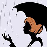 Beautiful young girl face silhouette with black umbrella on rain