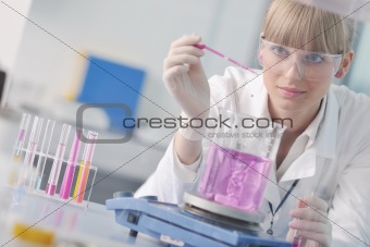 female researcher holding up a test tube in lab