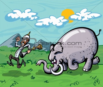 Cartoon of a hunter chased by an elephant