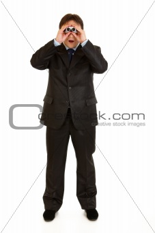 Full length portrait of shocked businessman looking through binoculars isolated on white
