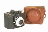 old photographic camera with bag