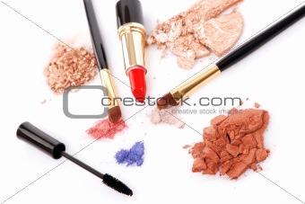 Make-up brush, lipstick and different powder