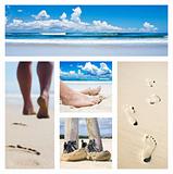 Collage of feet, footprints and shoes on the beach