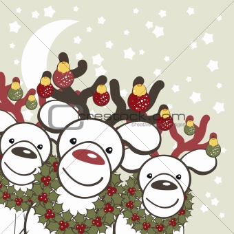 Christmas background with funny deers.