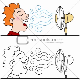 Man Cooling Off Using An Electric Fan