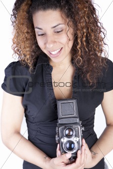 Woman Using Vintage Antique Camera