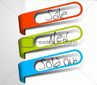Paper tags for items in sale, sold out and new