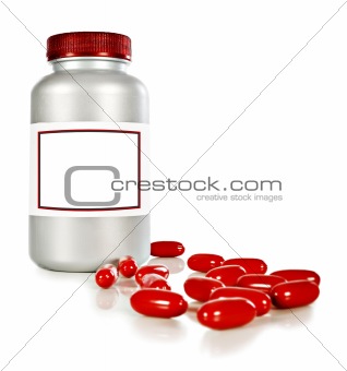 a Bottle of red pills for joy on a white background with space for text