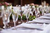 Wine and champagne glasses on table. Selective focus