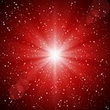 Abstract red background of luminous rays and stars.