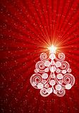Red Christmas card with swirls tree and balls.