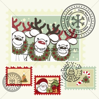Series of stylized Christmas post stamps.
