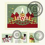 Series of stylized Christmas post stamps.