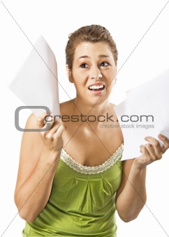 Beautiful young woman being discouraged by a overload of work - on a white background with space for text