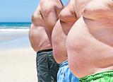 Close up of three obese fat men of the beach