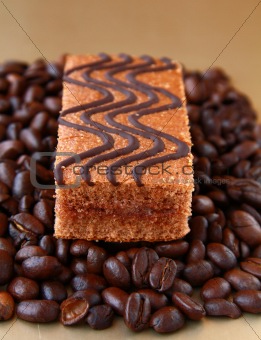 chocolate delicious cake on coffee beans