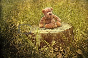 Small little bears on old wooden stump in grass