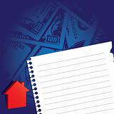 note paper with house icon and money background