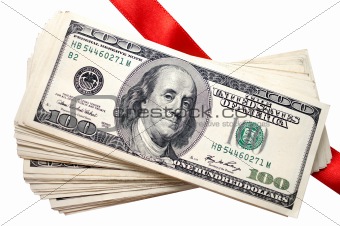 dollars with red ribbon isolated on white