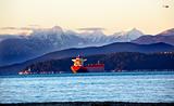 Vancouver Harbor Freighter Lighthouse Snow Mountains Sunset BC