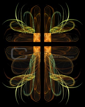 Fractal Crucifix With Hearts in Green and Gold on a Black Background
