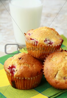 home-baked muffins with berries and a glass of milk