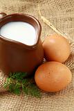 Glass jug with milk and  eggs on natural background of rustic style