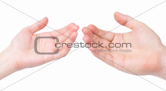 The female and man's hand to last to each other palms upwards