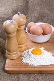 Yolk, eggs of house hens, salt and pepper with wheat flour on kitchen to a board