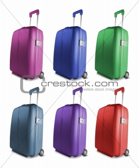 Different colored suitcases isolated on white background
