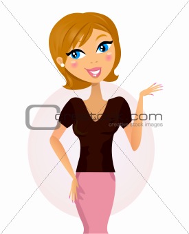 Happy business woman showing something / makes presentation
