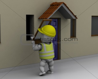 man fitting window to house