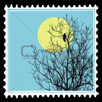 vector silhouette ravens on tree on postage stamps