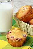 muffins with berries and a glass of milk